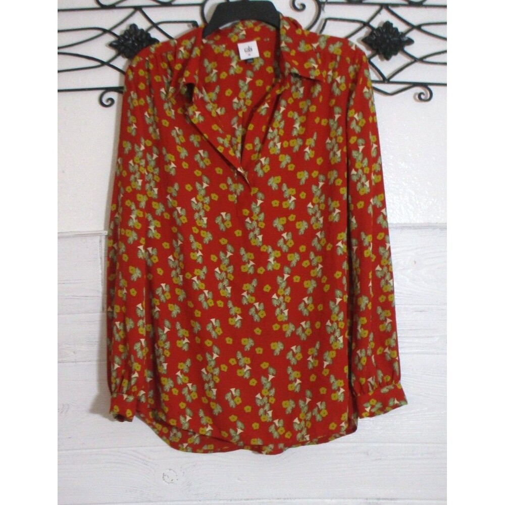 Cabi Button Up Top Women's Size M Red Floral Long Sleeve